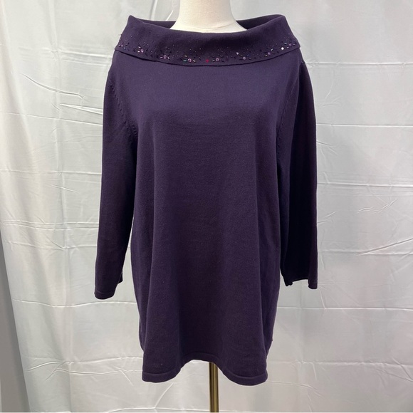 Isabella Rodriguez Hand Embroidered 3/4 sleeve Cowl Neck Purple Sweater 1X - Picture 2 of 15
